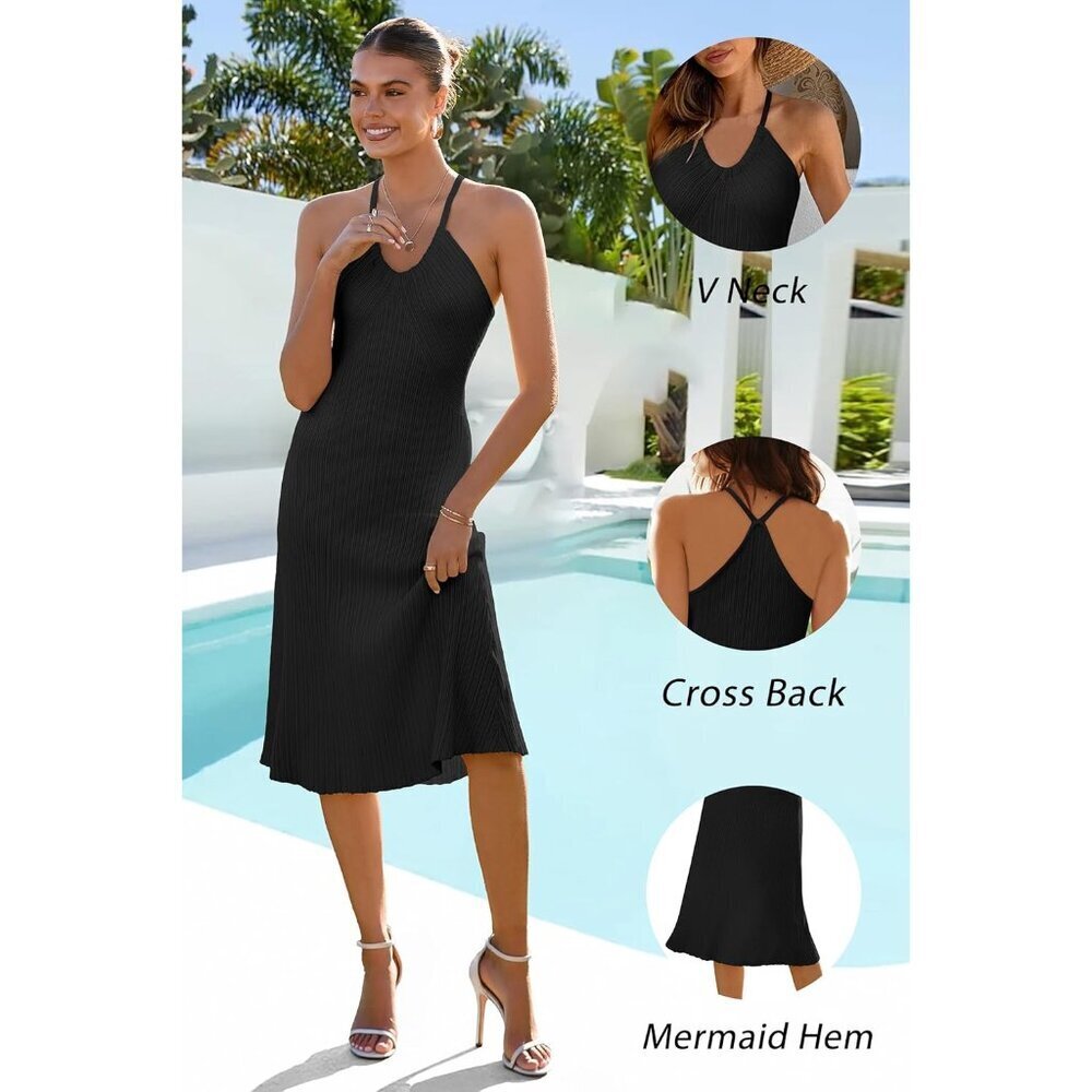 Women's V Neck Swing Dress Knit Adjustable Halter Summer Vacation Cozy - Picture 4 of 9